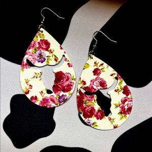 Steer faux leather teardrop pink floral earrings